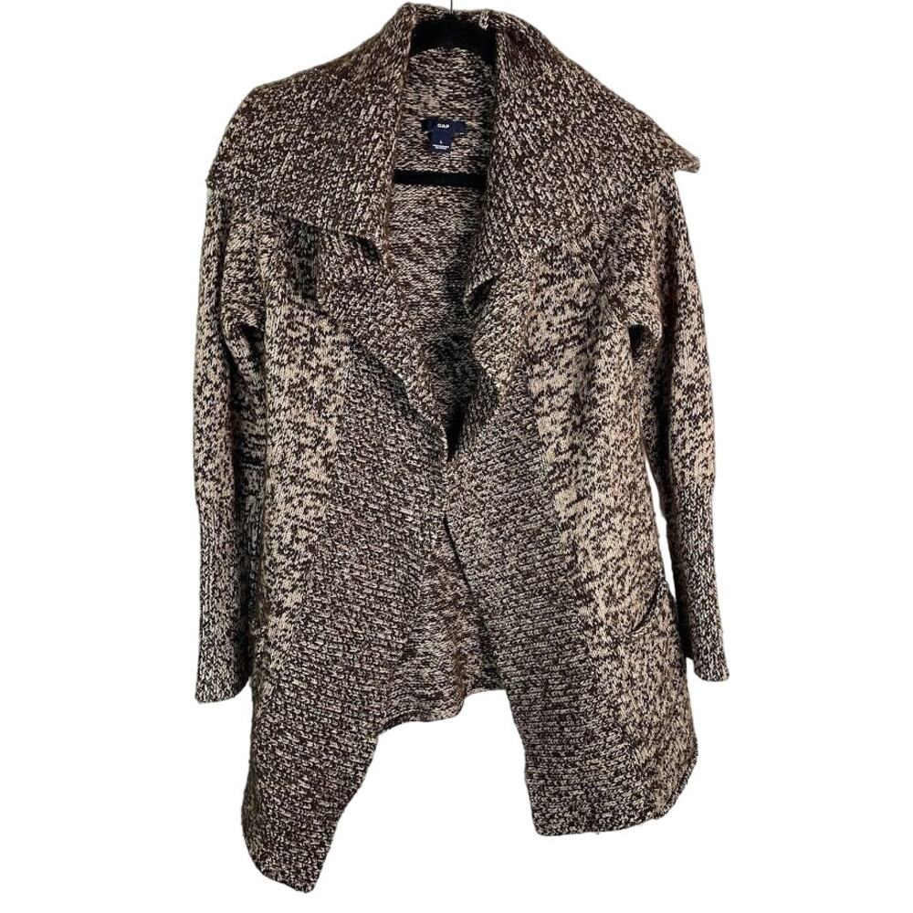 Gap Lambs Wool Sweater Womens S/M Brown Beige Chunky Cardigan Drape Collar Top